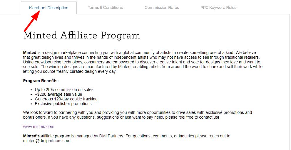 Example: Descriptions of minted.com affiliate program on ShareASale