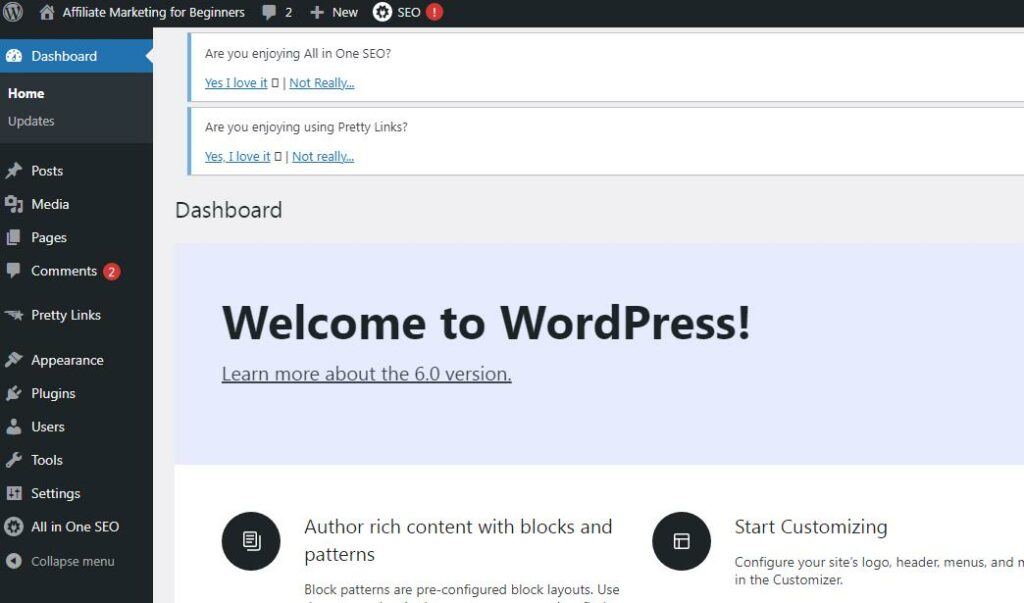 your wordpress site admin interface screenshot